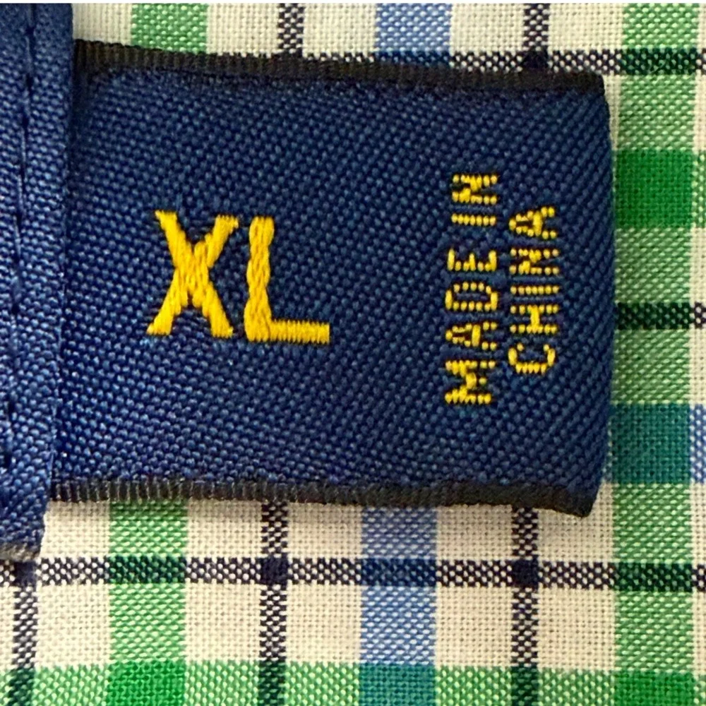 Polo Ralph Lauren Shirt Mens XL Green Blue‎ Gingham Plaid Long Sleeve Stretch